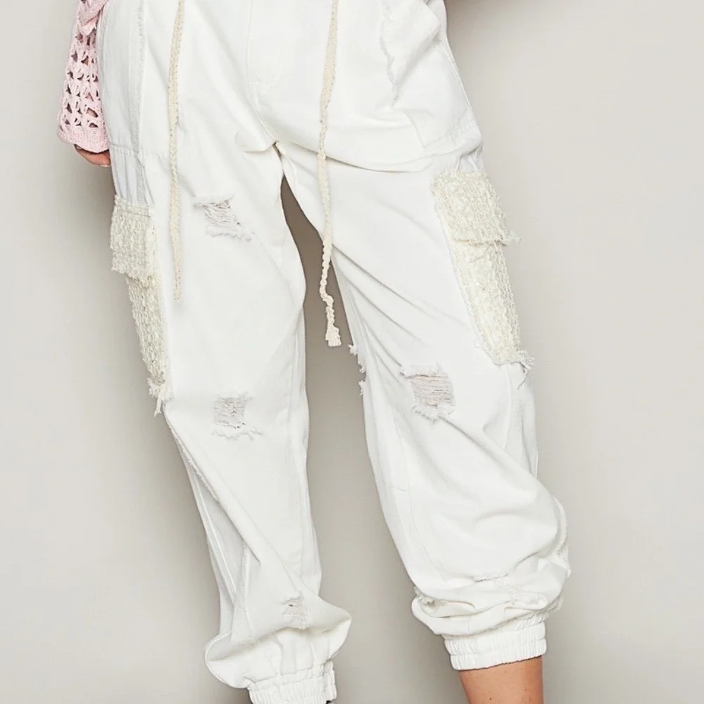 New POL Clothing Denim Lace Joggers Women's Distressed Relaxed WhiteTwill Pants - Picture 11 of 11